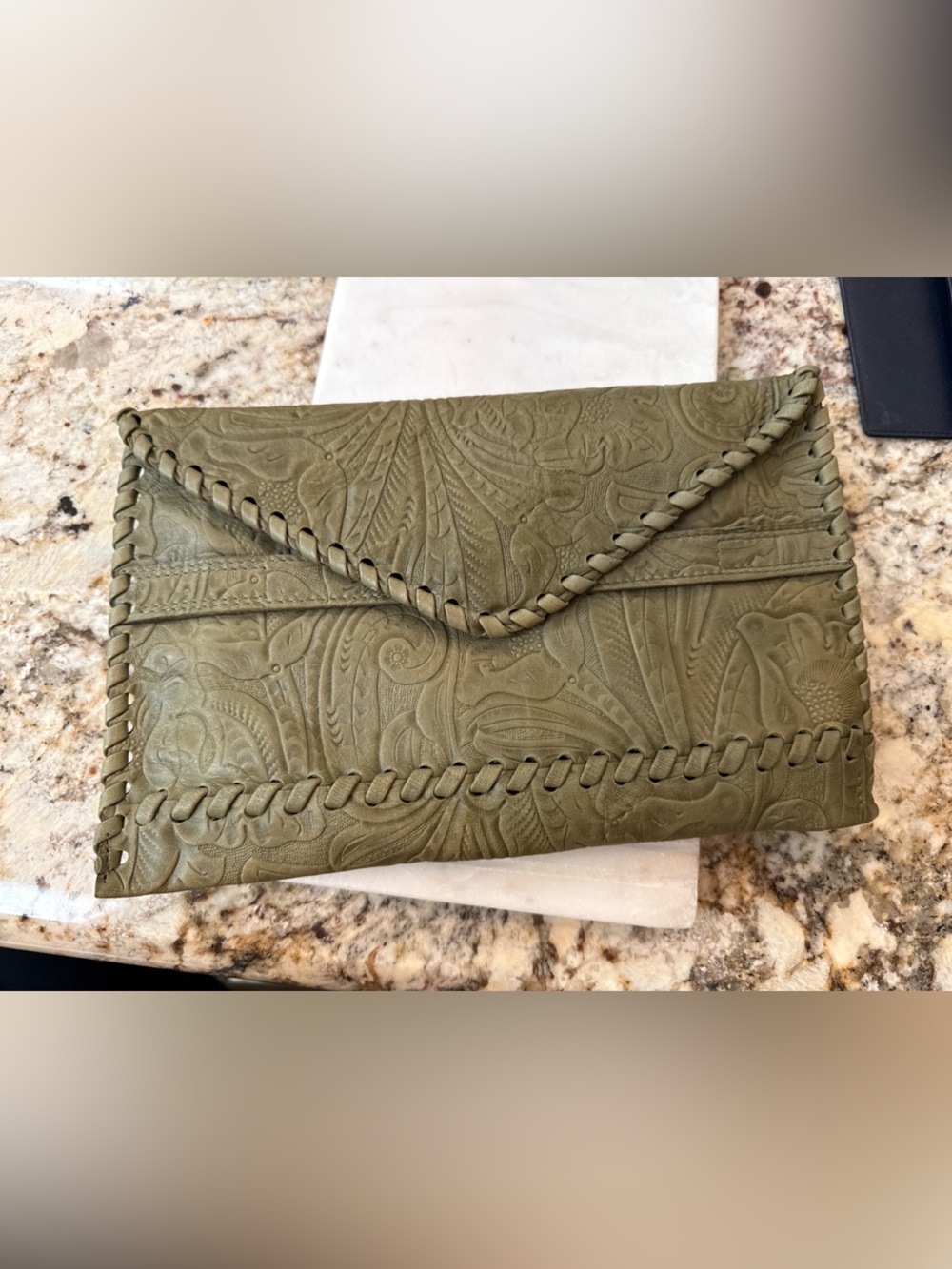LAGO Olive Green Embossed Leather Handbag with Whipstitch Trim